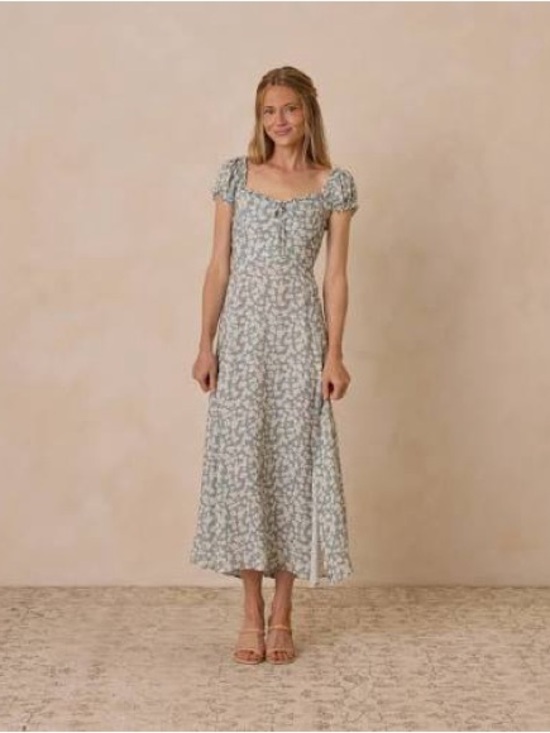 Noralee Dresses & Skirts - Light Blue Floral Puff-Sleeve Midi Dress with Square Neckline